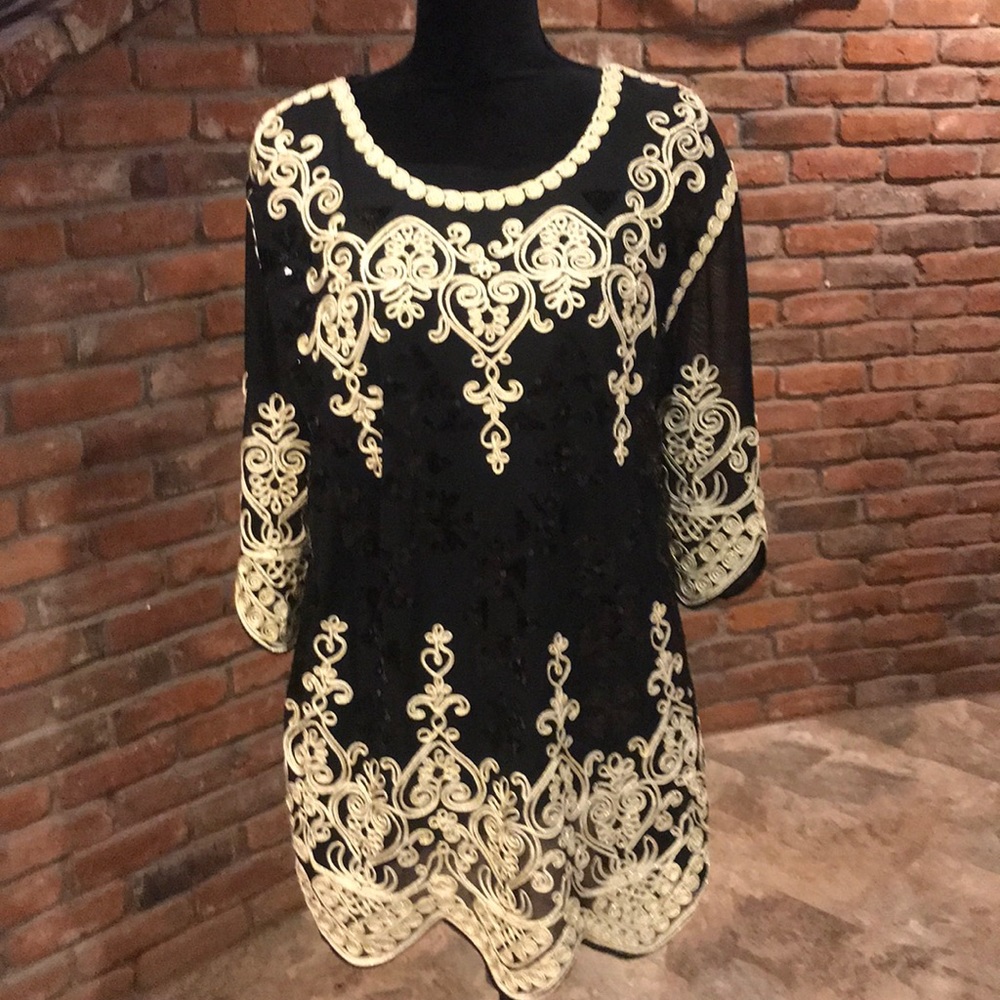 NWT Simply Couture Black Tunic With Gold Embroidery Accents